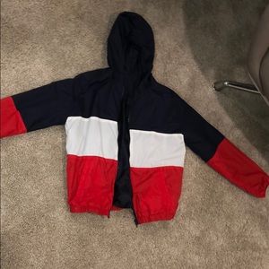 Red, white and blue zip up windbreaker